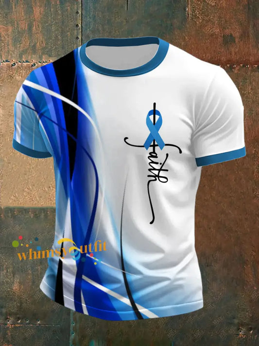 Men’s Prostate Cancer Printed Short Sleeved Round Neck T shirt White Blue / S