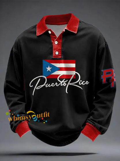 Men’s Puerto Rico Flag Printed Casual Tops Black / S
