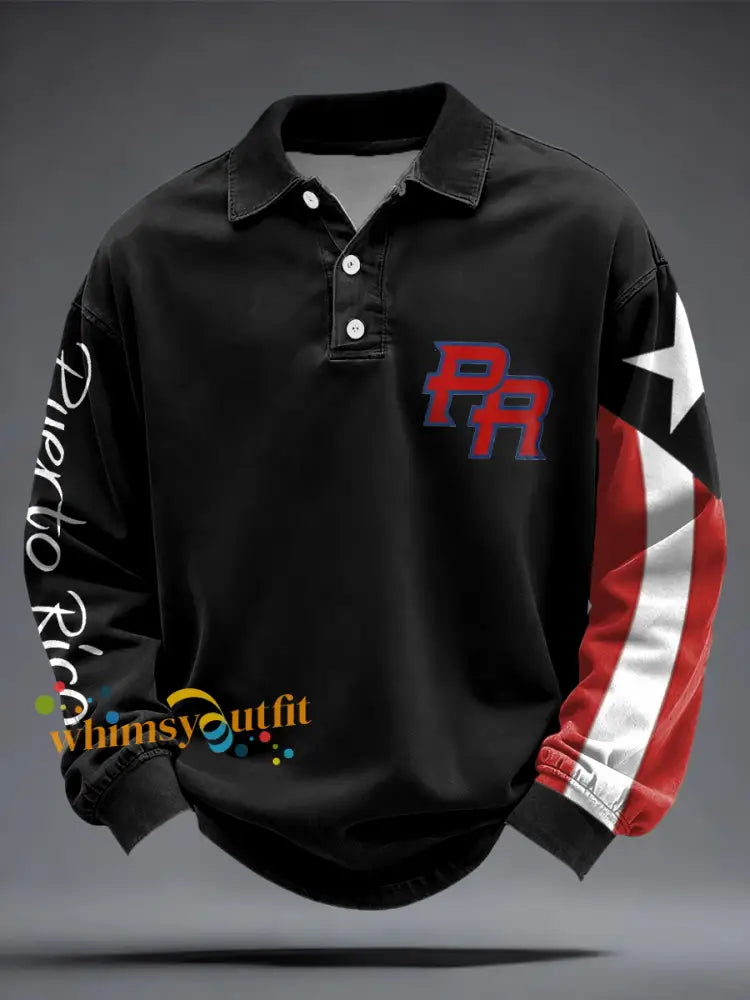 Men’s Puerto Rico Flag Printed Casual Tops Black / S