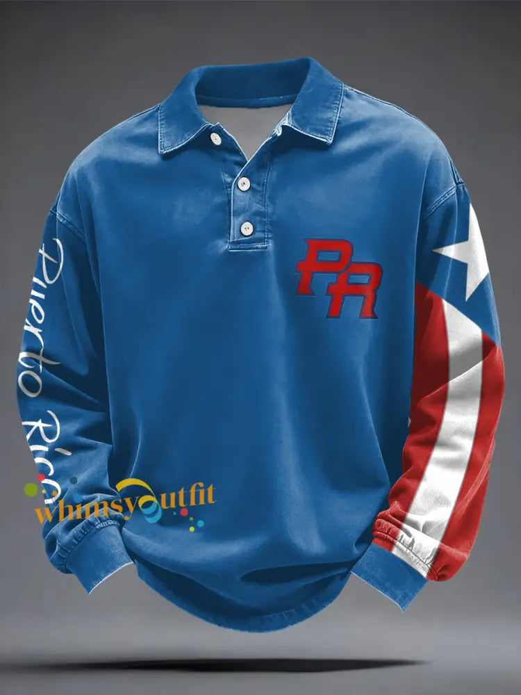 Men’s Puerto Rico Flag Printed Casual Tops Blue / S