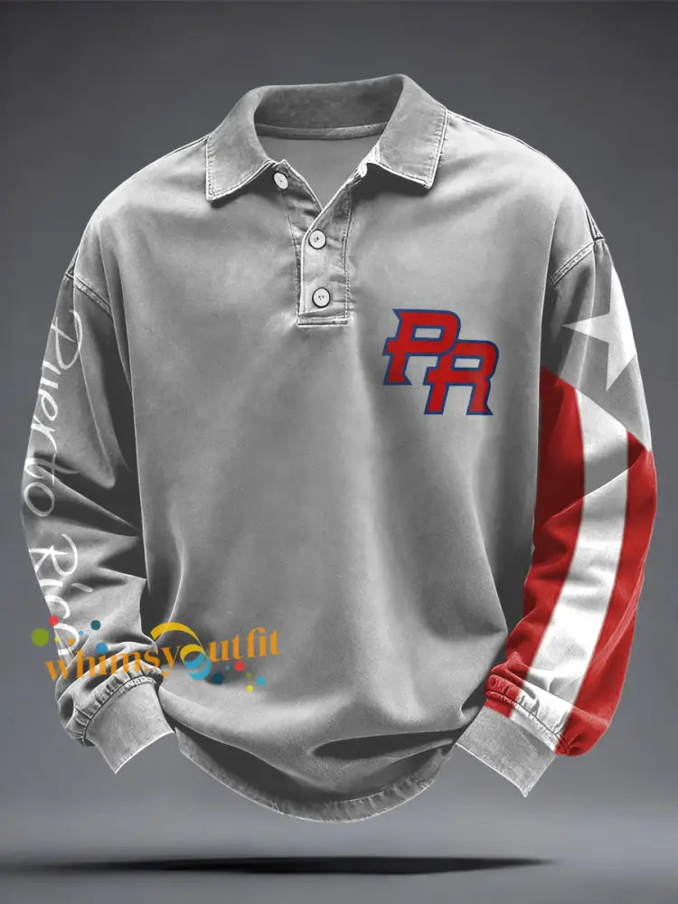 Men’s Puerto Rico Flag Printed Casual Tops Light Gray / S