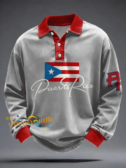 Men’s Puerto Rico Flag Printed Casual Tops Light Gray / S