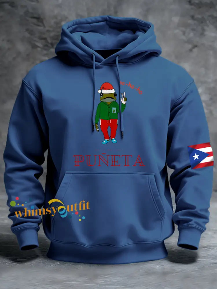 Men’s Puerto Rico Merry Christmas Printed Hooded Sweatshirt Blue / S
