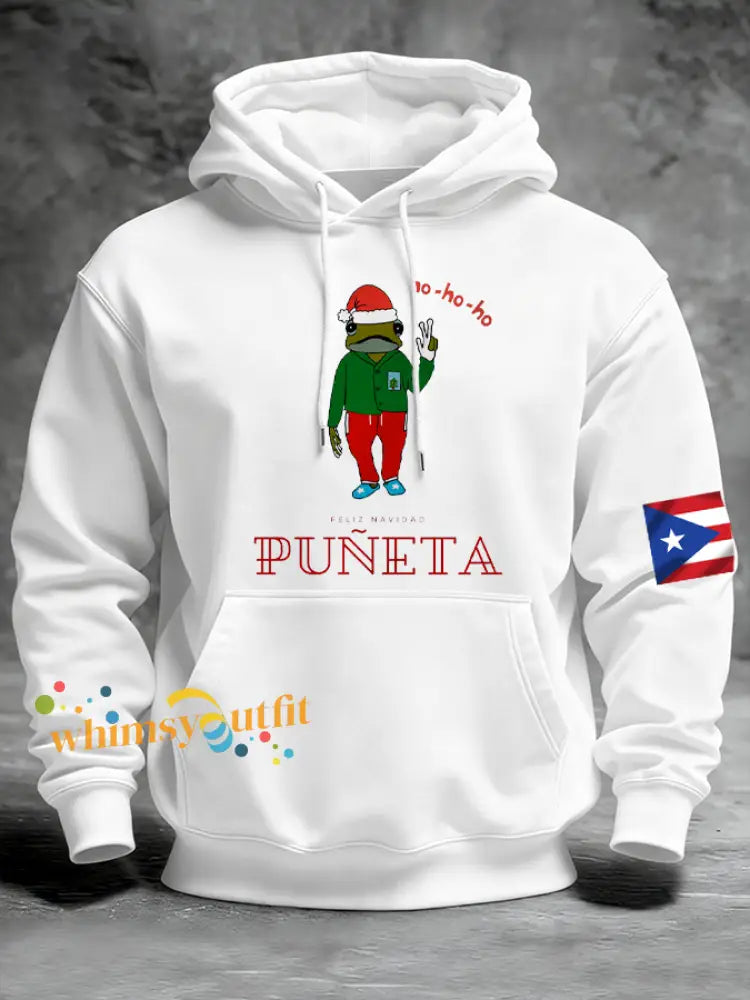 Men’s Puerto Rico Merry Christmas Printed Hooded Sweatshirt White / S