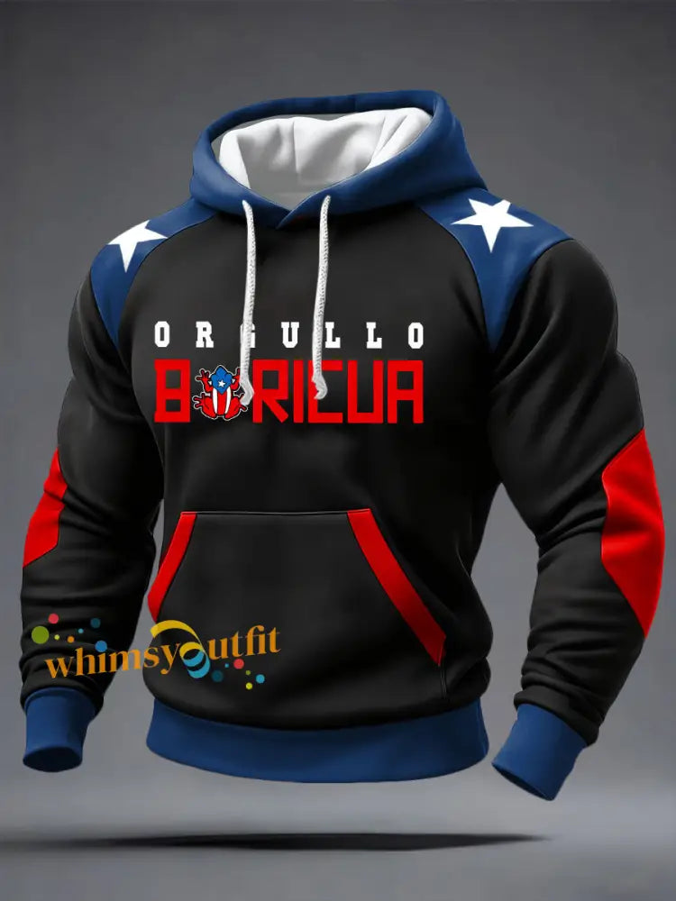 Men’s Puerto Rico Proud Art Printed Hoodie Black / S