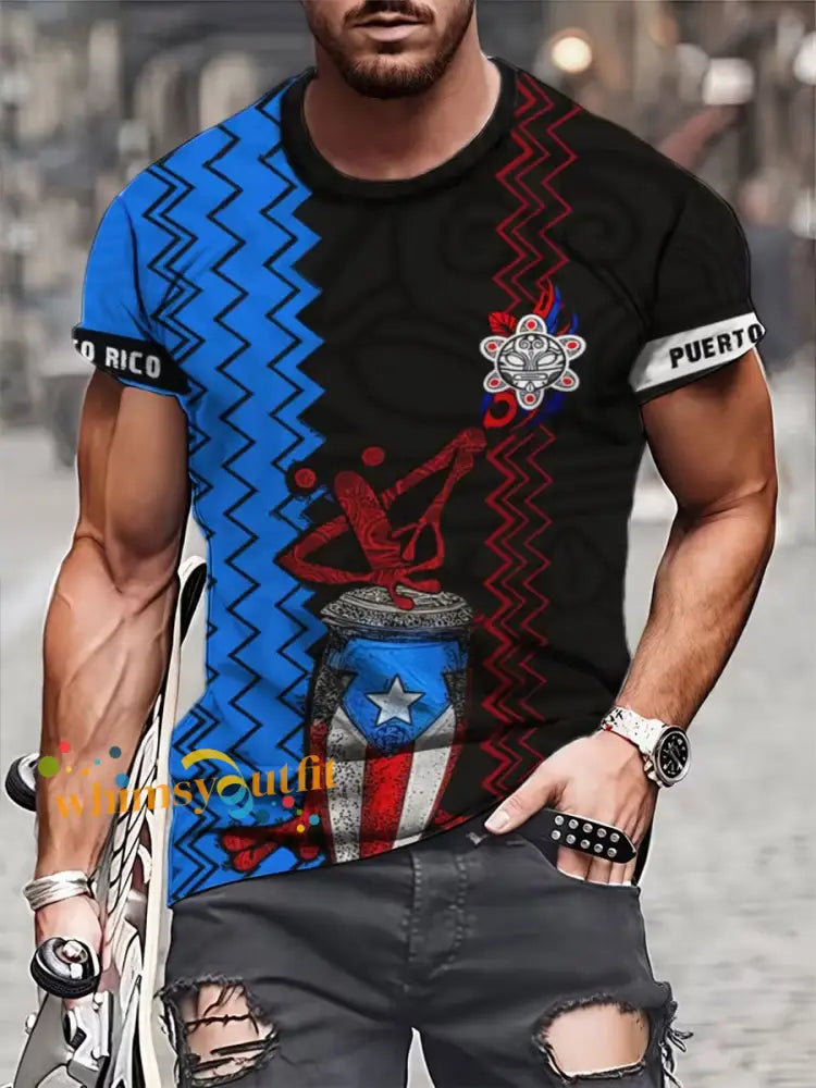 Men’s Puerto Rico Taino Art Printed T-shirt Blue / S