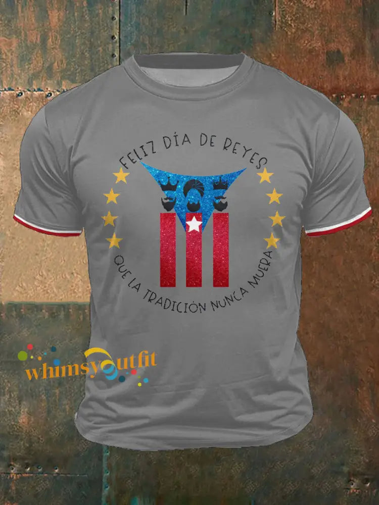 Men’s Puerto Rico Three Kings’ Day Art Printed T-shirt Light Gray / S