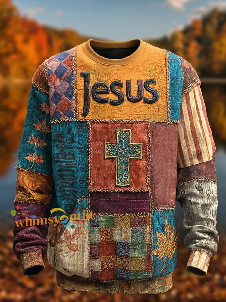 Men’s Retro Casual Faith Cross Art Print Crew Neck Sweatshirt As picture / S