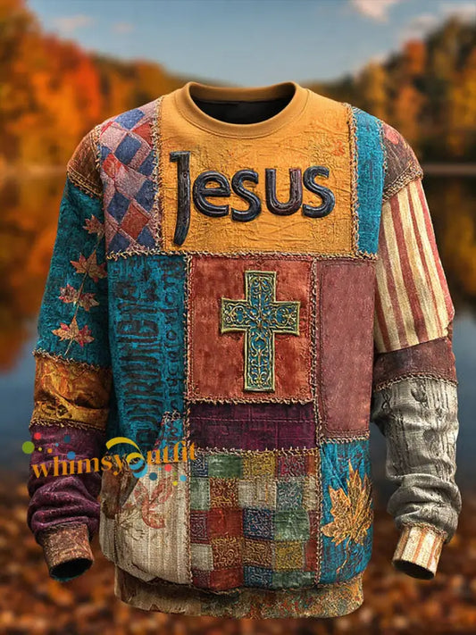 Men’s Retro Casual Faith Cross Art Print Crew Neck Sweatshirt As picture / S