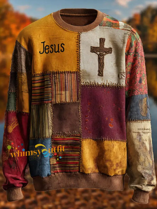 Men’s Retro Casual Faith Cross Art Print Crew Neck Sweatshirt As picture / S