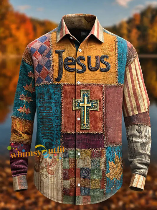 Men’s Retro Casual Faith Cross Art Print Long Sleeve Shirt As picture / S