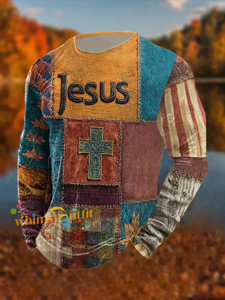 Men’s Retro Casual Faith Cross Art Print Long Sleeve T shirt As picture / S
