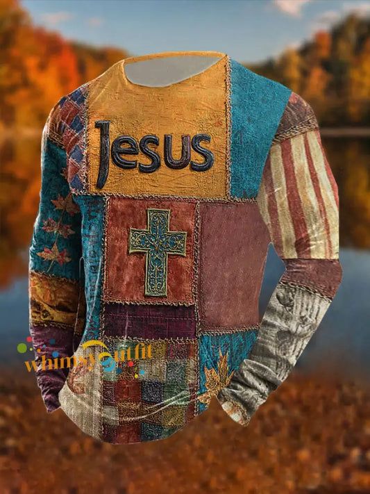 Men’s Retro Casual Faith Cross Art Print Long Sleeve T shirt As picture / S