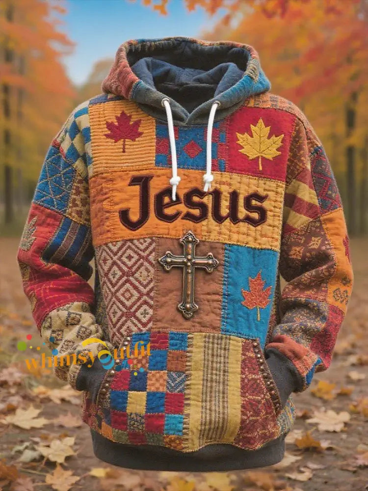 Men’s Retro Casual Faith Cross Art Print Oversized Drop Shoulder Pockets Hoodie As picture / S
