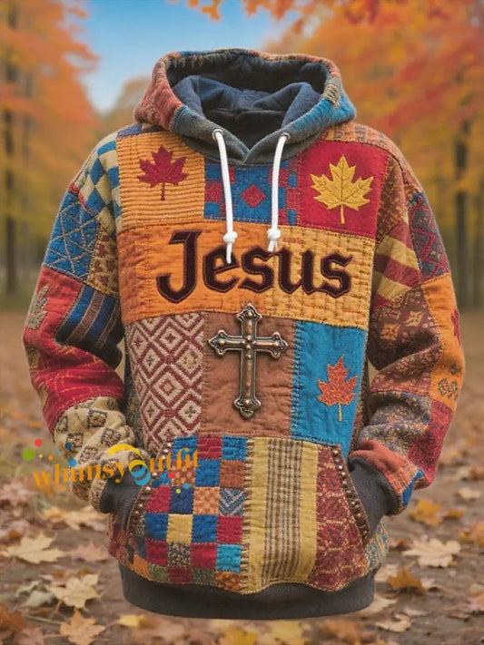 Men’s Retro Casual Faith Cross Art Print Oversized Drop Shoulder Pockets Hoodie As picture / S