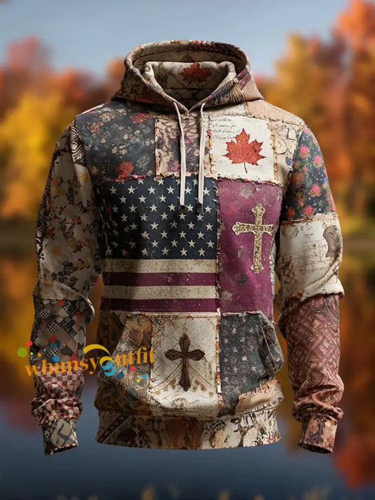 Men’s Retro Casual Faith Cross Art Print Oversized Drop Shoulder Pockets Hoodie As picture / S