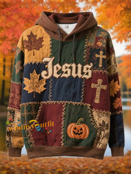 Men’s Retro Casual Faith Cross Art Print Oversized Drop Shoulder Pockets Hoodie As picture / S