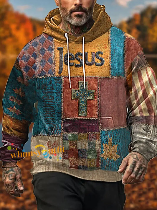 Men’s Retro Casual Faith Cross Art Print Oversized Drop Shoulder Pockets Hoodie As picture / S