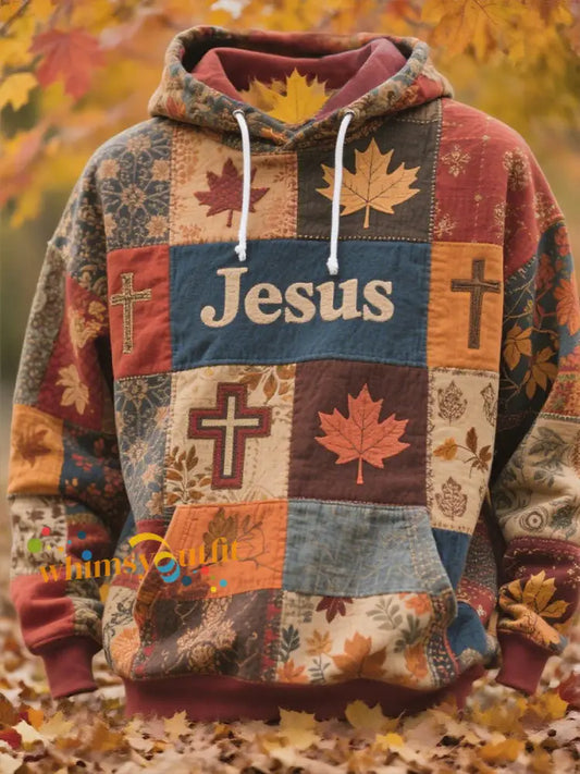 Men’s Retro Casual Faith Cross Art Print Oversized Drop Shoulder Pockets Hoodie As picture / S