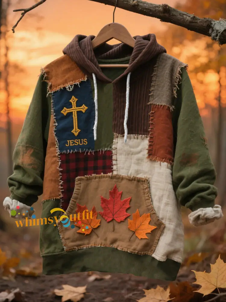 Men’s Retro Casual Faith Cross Art Print Oversized Drop Shoulder Pockets Hoodie As picture / S