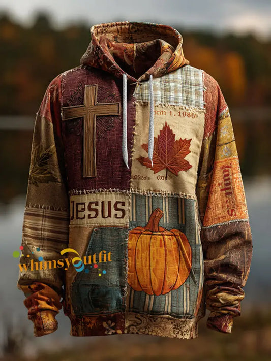 Men’s Retro Casual Faith Cross Art Print Oversized Drop Shoulder Pockets Hoodie As picture / S