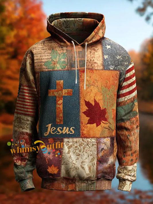Men’s Retro Casual Faith Cross Art Print Oversized Drop Shoulder Pockets Hoodie As picture / S