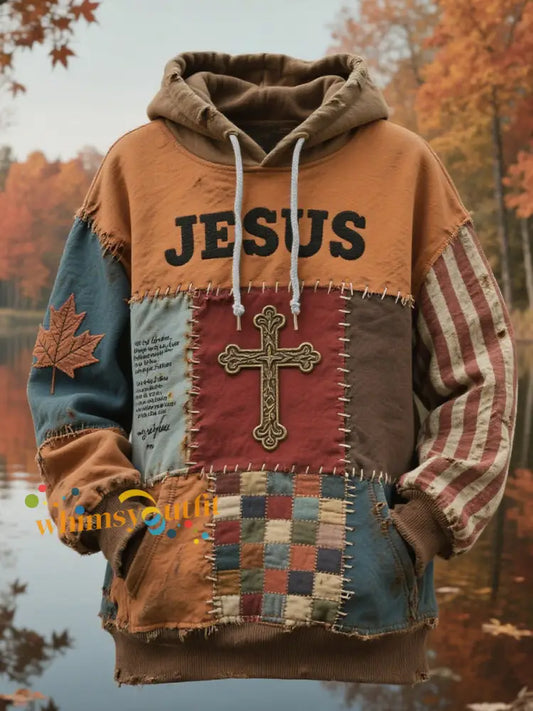 Men’s Retro Casual Faith Cross Art Print Oversized Drop Shoulder Pockets Hoodie As picture / S