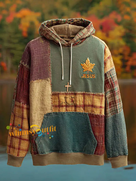 Men’s Retro Casual Faith Cross Art Print Oversized Drop Shoulder Pockets Hoodie As picture / S