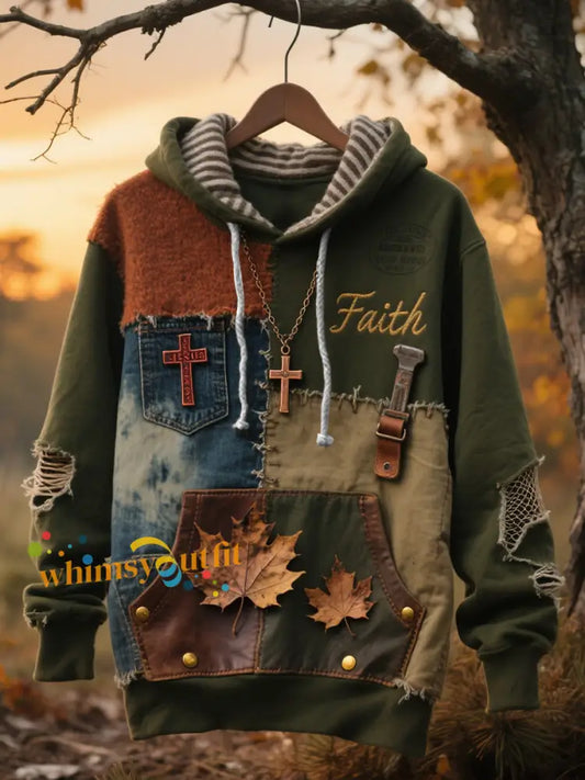 Men’s Retro Casual Faith Cross Art Print Oversized Drop Shoulder Pockets Hoodie As picture / S