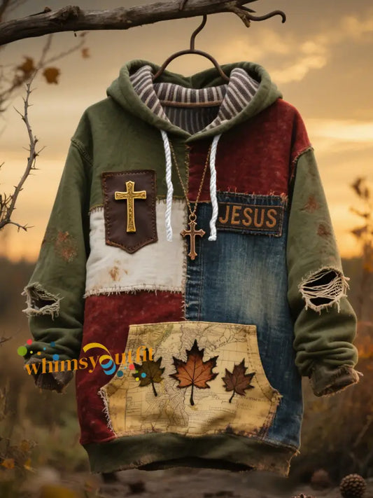 Men’s Retro Casual Faith Cross Art Print Oversized Drop Shoulder Pockets Hoodie As picture / S