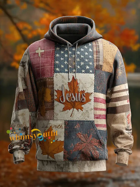 Men’s Retro Casual Faith Cross Art Print Oversized Drop Shoulder Pockets Hoodie As picture / S