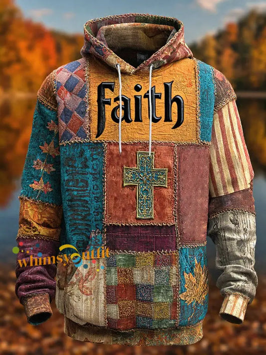 Men’s Retro Casual Faith Cross Art Print Oversized Drop Shoulder Pockets Hoodie As picture / S