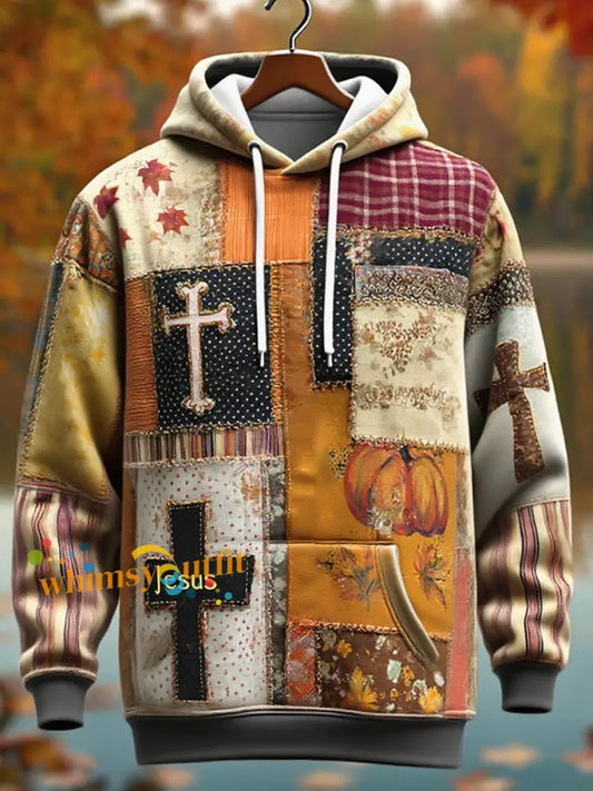 Men’s Retro Casual Faith Cross Art Print Oversized Drop Shoulder Pockets Hoodie As picture / S