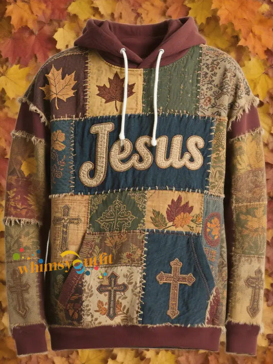 Men’s Retro Casual Faith Cross Art Print Oversized Drop Shoulder Pockets Hoodie As picture / S