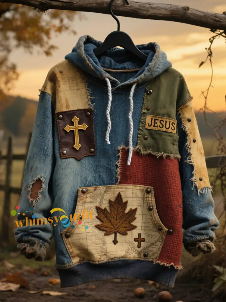 Men’s Retro Casual Faith Cross Art Print Oversized Drop Shoulder Pockets Hoodie As picture / S