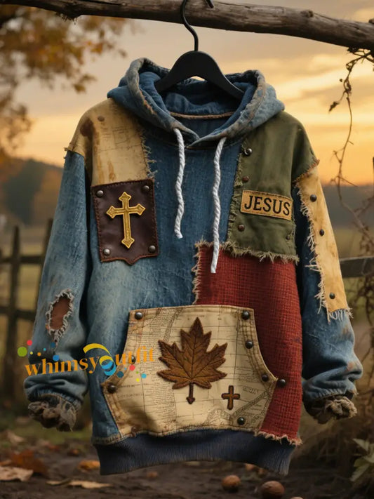 Men’s Retro Casual Faith Cross Art Print Oversized Drop Shoulder Pockets Hoodie As picture / S