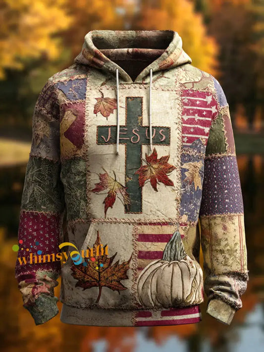 Men’s Retro Casual Faith Cross Art Print Oversized Drop Shoulder Pockets Hoodie As picture / S