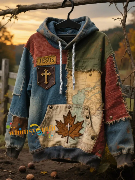 Men’s Retro Casual Faith Cross Art Print Oversized Drop Shoulder Pockets Hoodie As picture / S
