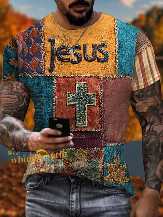 Men’s Retro Casual Faith Cross Art Print Short Sleeve T shirt As picture / S