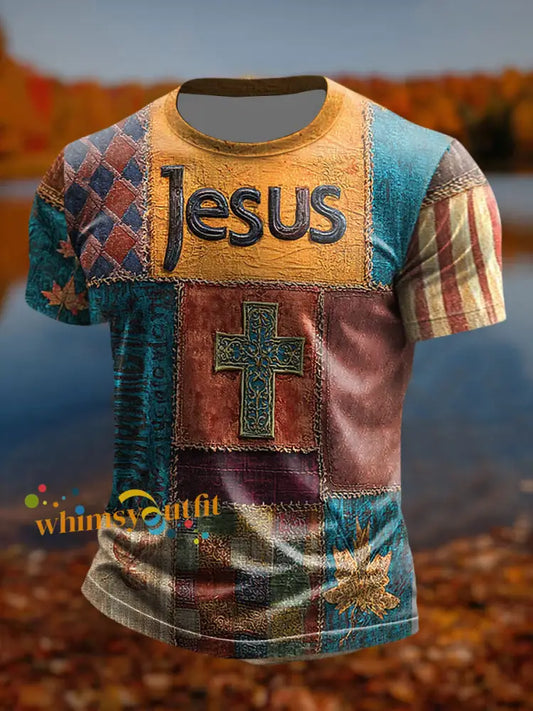 Men’s Retro Casual Faith Cross Art Print Short Sleeve T shirt As picture / S