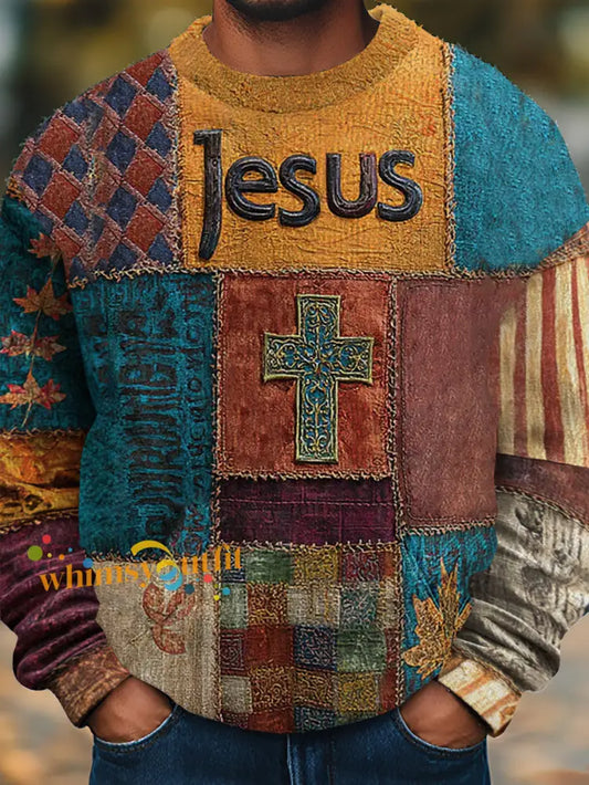 Men’s Retro Casual Faith Cross Art Print Sweatshirt As picture / S