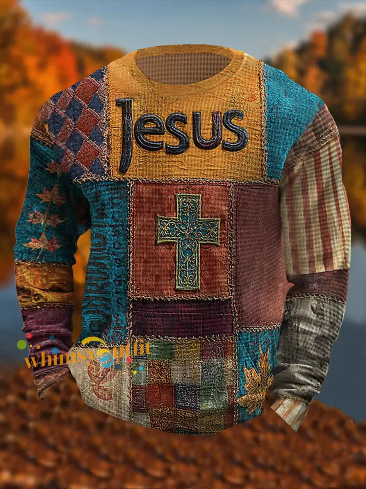 Men’s Retro Casual Faith Cross Art Print Waffle Long Sleeve T Shirt As picture / S