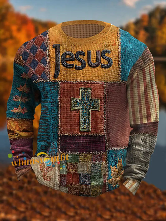 Men’s Retro Casual Faith Cross Art Print Waffle Long Sleeve T Shirt As picture / S