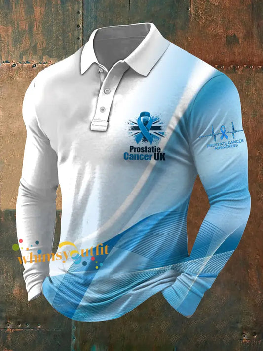 Men’s Retro Prostate Cancer UK Print Stand Collar Casual Shirt White Blue / S