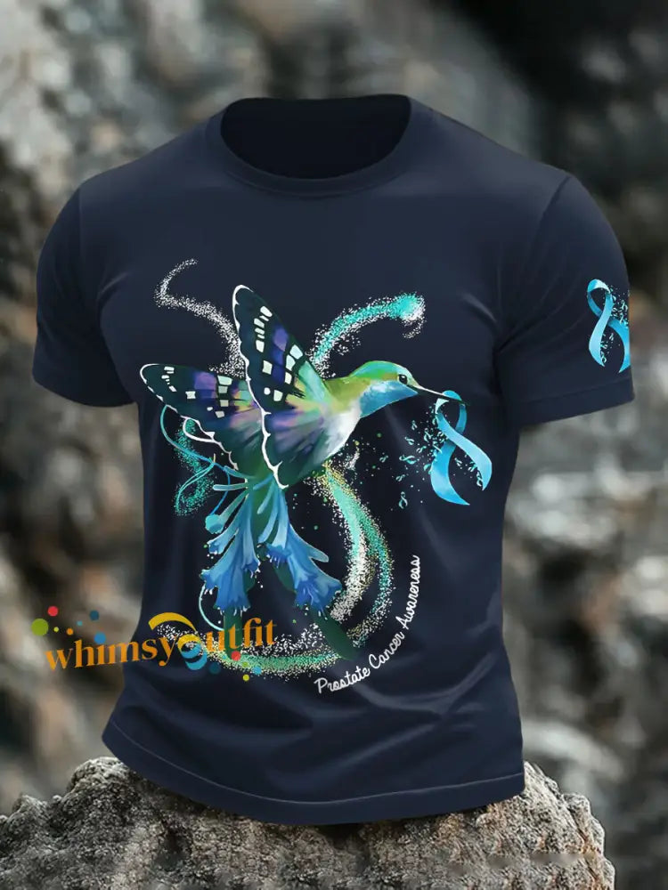 Men’s Ribbon Prostate Cancer Hummingbird T Shirts Navy Blue / S