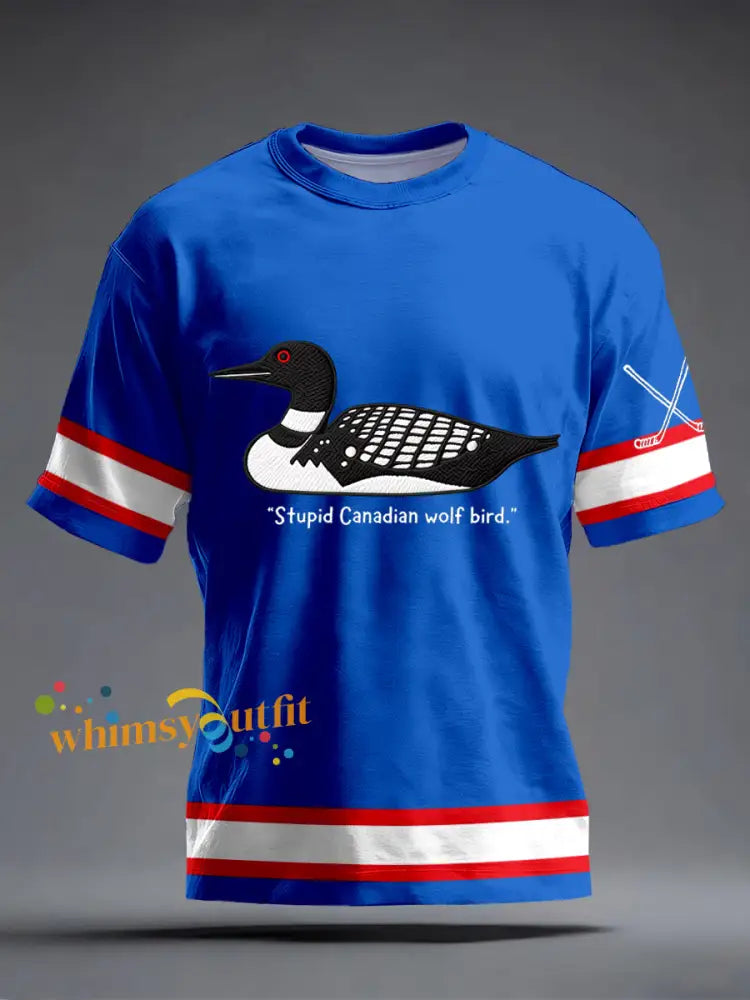 Men’s Stupid Canadian Wolf Bird Embroidered T-Shirt Blue / S