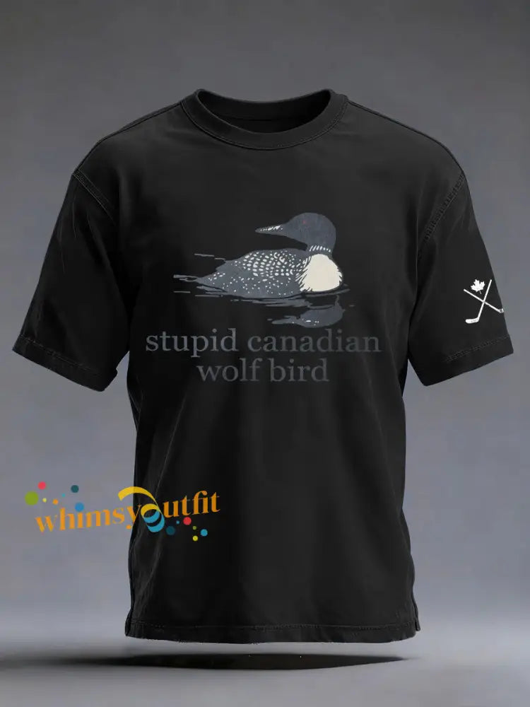 Men’s Stupid Canadian Wolf Bird Print Casual T-shirt Black / S