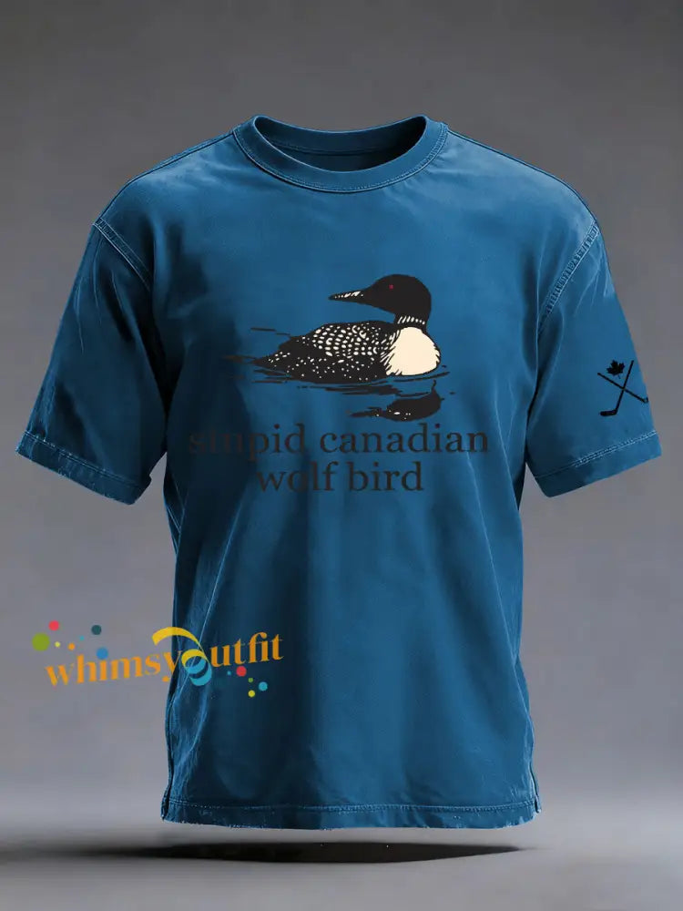Men’s Stupid Canadian Wolf Bird Print Casual T-shirt Blue / S