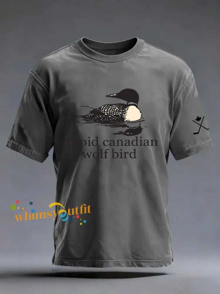Men’s Stupid Canadian Wolf Bird Print Casual T-shirt Gray / S