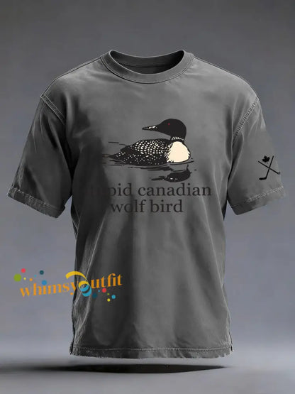 Men’s Stupid Canadian Wolf Bird Print Casual T-shirt Gray / S
